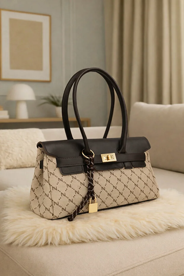 Kadın Monogram VizonKahve Deri Kemerli Charm Detaylı Kapaklı El Ve Omuz Çantası 16x30 Cm Pera